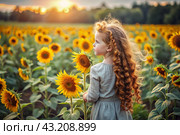 Summer flowering. Portrait of a beautiful curly-haired girl and a green dress in a blooming field of sunflowers Childhood. The girl poses and looks at the camera. Стоковое AI-изображение, AI-художник Photojuli / Фотобанк Лори