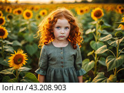 Summer flowering. Portrait of a beautiful curly-haired girl and a green dress in a blooming field of sunflowers Childhood. The girl poses and looks at the camera. Стоковое AI-изображение, AI-художник Photojuli / Фотобанк Лори