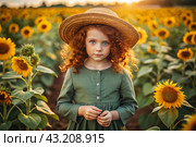 Summer flowering. Portrait of a beautiful curly-haired girl in a straw hat and a green dress in a blooming field of sunflowers Childhood. The girl poses and looks at the camera. Стоковое AI-изображение, AI-художник Photojuli / Фотобанк Лори