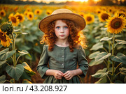 Summer flowering. Portrait of a beautiful curly-haired girl in a straw hat and a green dress in a blooming field of sunflowers Childhood. The girl poses and looks at the camera. Стоковое AI-изображение, AI-художник Photojuli / Фотобанк Лори