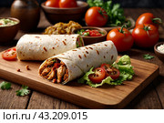 Fresh chicken shawarma wrap on wooden board. Savory chicken shawarma with vegetables and herbs on a rustic wooden serving platter. Food service concept. Copy ad text space. Generate Ai. Стоковое AI-изображение, AI-художник Aleksandr Golubev / Фотобанк Лори