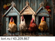 Funny scene with four roosters sitting in small houses. These houses are designed in the style of old dovecotes and are painted sky blue with rust accents, giving the scene a vintage look. Each rooster has a unique coloring: one has orange and white plumage, another is gray, another is red, and the fourth is yellow. The background is decorated with flowers and various decorative elements, creating an atmosphere of rustic comfort. Стоковое AI-изображение, AI-художник Анна Кривицкая / Фотобанк Лори