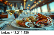 An opulent dining table set with a gourmet lobster dish, fine china, and crystal glassware, inviting a luxurious feast. Стоковое AI-изображение, AI-художник Ярославский Максим / Фотобанк Лори