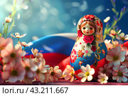 Матрешка на фоне российского флага. Стоковое AI-изображение, AI-художник Щеголева Ольга / Фотобанк Лори