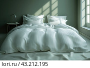 Белая постель. room interior comfortable bed, white sheets and pillows. Стоковое AI-изображение, AI-художник Katsiaryna Repich / Фотобанк Лори