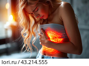 Stomach ulcer, woman with abdominal pain, symptoms of gastritis, diseases of the digestive system. Стоковое AI-изображение, AI-художник Станислав Тарко / Фотобанк Лори