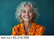 Happy cool old lady portrait, grandmother with extravagant style, fashionable clothes, seniority and elderly people, blue background. Стоковое AI-изображение, AI-художник Станислав Тарко / Фотобанк Лори
