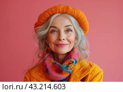 Happy cool old lady portrait, grandmother with extravagant style, fashionable clothes, seniority and elderly people, pink background. Стоковое AI-изображение, AI-художник Станислав Тарко / Фотобанк Лори