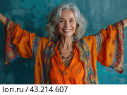 Happy cool old lady portrait, grandmother with extravagant style, fashionable clothes, seniority and elderly people, blue background. Стоковое AI-изображение, AI-художник Станислав Тарко / Фотобанк Лори