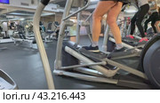 Feet of people on simulators in a fitness club. Sport concept. Female athletes workout on stepper at modern gym. Feet of people on simulators in a fitness club. Preheating before training, cardio (2024 год). Редакционное видео, видеограф Ирина Михайличенко / Фотобанк Лори