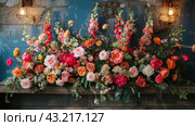 Colorful Flowers Adorning Wall. Стоковое AI-изображение, AI-художник Юлия Гапеенко / Фотобанк Лори