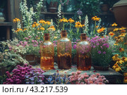 Three glass bottles with cork caps standing on a wooden surface among bright and varied flowers. The bottles contain various infusions or decoctions, each bottle filled with flowers and herbs. Flowers of different shades grow around the bottles: yellow, pink, purple and white, creating a colorful and picturesque environment. Стоковое AI-изображение, AI-художник Анна Кривицкая / Фотобанк Лори
