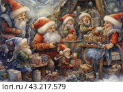A cozy scene inside a house where Santa Claus and his elves are preparing for Christmas. All characters are busy with holiday preparations: wrapping gifts, decorating the room and preparing holiday treats. Santa Claus is in the center of the stage, dressed in a traditional red suit and hat with white trim, smiling and holding a toy. Elves in multi-colored caps and clothes scurry around him. On the table and floor you can see many boxes with gifts, Christmas tree decorations and holiday decorations. The room is lit with the soft light of candles and garlands, which gives the scene a magical and cozy atmosphere. Стоковое AI-изображение, AI-художник Анна Кривицкая / Фотобанк Лори