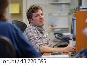 Professional man skeptical at work. Стоковое AI-изображение, AI-художник Иван Рябоконь / Фотобанк Лори