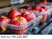 Fresh apples in plastic clamshell packaging at market. Стоковое AI-изображение, AI-художник Иван Рябоконь / Фотобанк Лори