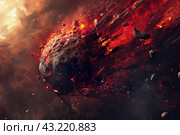 Dynamic digital artwork of a cataclysmic meteor collision with a planet. Стоковое AI-изображение, AI-художник Иван Рябоконь / Фотобанк Лори