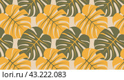 Прямоугольный фон с повторяющимся узором из листьев монстеры. Rectangular background with repeating monstera leaves pattern. Редакционная иллюстрация, иллюстратор Ирина Щербакова / Фотобанк Лори
