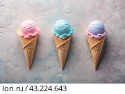 Sweet dessert. Ice cream cones with different flavors. Blue, pink, purple ice cream on a background of three pastel colors: blue, pink and purple. Стоковое AI-изображение, AI-художник Photojuli / Фотобанк Лори