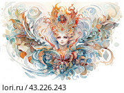 A young woman, perhaps a fairy or sorceress, surrounded by intricate and beautiful patterns of leaves, flowers and other natural elements. Her image is filled with light and color, and it seems that she is part of this natural pattern. The girl's face radiates calm and magic, her eyes look directly at the viewer, creating a feeling of direct contact. Стоковое AI-изображение, AI-художник Анна Кривицкая / Фотобанк Лори