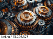 Close-up of a mechanism consisting of many toothed gears. The gears are made of metal and are tightly interlocked with each other, which emphasizes their importance in transmitting motion. The color scheme includes shades of silver and copper, which adds aesthetic appeal to the image. The lighting creates vibrant highlights on the surface of the metal, highlighting the texture and detail of each gear. The stage looks high-tech and carefully designed. Стоковое AI-изображение, AI-художник Анна Кривицкая / Фотобанк Лори