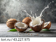 Splashes of coconut milk and palm leaves. Coconuts with a milky splash on a gray background. A banner for sweets, spa cosmetics or creams for body and face care. Стоковое AI-изображение, AI-художник Photojuli / Фотобанк Лори