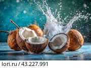 Splashes of coconut milk and palm leaves. Coconuts with a milky splash on a blue background. A banner for sweets, spa cosmetics or creams for body and face care. Стоковое AI-изображение, AI-художник Photojuli / Фотобанк Лори