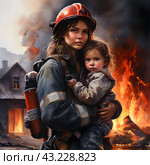 Девушка пожарный вынесла ребенка из огня. A firefighter girl carried a child out of the fire. Стоковое AI-изображение, AI-художник Анастасия Чернышова / Фотобанк Лори