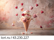Sweet dessert. The love of ice cream. A heart-shaped ice cream cone with splash, hearts and splashes. The concept of Valentine's Day. Banner, advertisement. Стоковое AI-изображение, AI-художник Photojuli / Фотобанк Лори