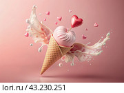 Sweet dessert. The love of ice cream. A heart-shaped ice cream cone with splash, hearts and splashes. The concept of Valentine's Day. Banner, advertisement. Стоковое AI-изображение, AI-художник Photojuli / Фотобанк Лори