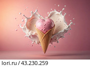 Sweet dessert. The love of ice cream. A heart-shaped ice cream cone with splash, hearts and splashes. The concept of Valentine's Day. Banner, advertisement. Стоковое AI-изображение, AI-художник Photojuli / Фотобанк Лори