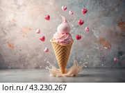 Sweet dessert. The love of ice cream. A heart-shaped ice cream cone with splash, hearts and splashes. The concept of Valentine's Day. Banner, advertisement. Стоковое AI-изображение, AI-художник Photojuli / Фотобанк Лори