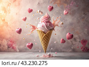 Sweet dessert. The love of ice cream. A heart-shaped ice cream cone with splash, hearts and splashes. The concept of Valentine's Day. Banner, advertisement. Стоковое AI-изображение, AI-художник Photojuli / Фотобанк Лори