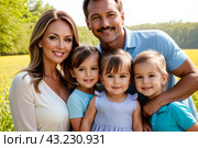Mom and dad with three small children, close-up. Family portrait, the concept of family relations. The program of state support for families with children. Стоковое AI-изображение, AI-художник Анна Маркина / Фотобанк Лори