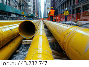 Construction work for replacement of engineering pipes. Workers installing an underground pipe on city street. Repair, laying water pipes or replacing sewer pipes Installation of plumbing, sanitation. Стоковое AI-изображение, AI-художник Марина Демидюк / Фотобанк Лори