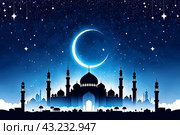Blue and white Eid AlFitr illustration featuring a mosque silhouette against a foggy sky, adorned with twinkling stars. Стоковое AI-изображение, AI-художник Анна Маркина / Фотобанк Лори