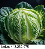 A detailed close-up of a fresh savoy cabbage shows the intricate patterns of its leaves, veined textures. Savoy cabbage Brassica oleracea L convar capitata var sabauda is vegetable crop. Generated AI. Стоковое AI-изображение, AI-художник Юлия Петровская / Фотобанк Лори