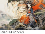 A girl in traditional Japanese clothing, a kimono, standing among branchy trees. Her long hair flutters in the wind, and there is a wreath of flowers on her head. The girl is holding in her hands a small creature that looks like a fox or a dragon, bright orange. There are whirlwinds of light and colors around her, creating a feeling of movement and magic. The background is made in pastel colors, with elements of green and blue, which adds mystery and magic to the picture. Стоковое AI-изображение, AI-художник Анна Кривицкая / Фотобанк Лори