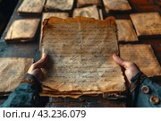 Hands of a man holding an old sheet of paper with handwritten text. The sheet is yellowed and frayed from time to time, the text is written in beautiful calligraphic handwriting. In the background, other stacks and single sheets of old documents can be seen laid out on a wooden table. All documents appear ancient and fragile, creating an atmosphere of historical significance and respect for the written heritage of the past. Стоковое AI-изображение, AI-художник Анна Кривицкая / Фотобанк Лори