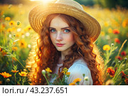 Spring flowering. Portrait of a beautiful curly-haired girl in a straw hat in a blooming field. The girl poses and looks at the camera. Стоковое AI-изображение, AI-художник Photojuli / Фотобанк Лори
