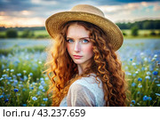 Spring flowering. Portrait of a beautiful curly-haired girl in a straw hat in a blooming field. The girl poses and looks at the camera. Стоковое AI-изображение, AI-художник Photojuli / Фотобанк Лори