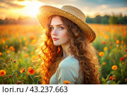Spring flowering. Portrait of a beautiful curly-haired girl in a straw hat in a blooming field. The girl poses and looks at the camera. Стоковое AI-изображение, AI-художник Photojuli / Фотобанк Лори