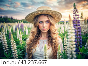 Spring flowering. Portrait of a beautiful curly-haired girl in a straw hat in a blooming field of lupines. The girl poses and looks at the camera. Стоковое AI-изображение, AI-художник Photojuli / Фотобанк Лори