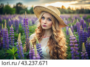 Spring flowering. Portrait of a beautiful curly-haired girl in a straw hat in a blooming field of lupines. The girl poses and looks at the camera. Стоковое AI-изображение, AI-художник Photojuli / Фотобанк Лори
