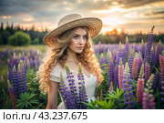 Spring flowering. Portrait of a beautiful curly-haired girl in a straw hat in a blooming field of lupines. The girl poses and looks at the camera. Стоковое AI-изображение, AI-художник Photojuli / Фотобанк Лори