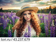 Spring flowering. Portrait of a beautiful curly-haired girl in a straw hat in a blooming field of lupines. The girl poses and looks at the camera. Стоковое AI-изображение, AI-художник Photojuli / Фотобанк Лори