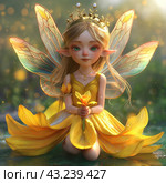 Flying fairy with blonde hair and butterfly wings. Стоковое AI-изображение, AI-художник Ирина Ручушкина / Фотобанк Лори