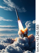 Ballistic military missile in blue sky with clouds, rocket launch trace. Anti-aircraft defense by military complexes, military aid, protection of sky. War concept on Earth. Copy ad text space. Стоковое AI-изображение, AI-художник Aleksandr Golubev / Фотобанк Лори