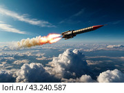 Ballistic military missile in blue sky with clouds, rocket launch trace. Anti-aircraft defense by military complexes, military aid, protection of sky. War concept on Earth. Copy ad text space. Стоковое AI-изображение, AI-художник Aleksandr Golubev / Фотобанк Лори