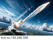 Ballistic military missile in blue sky with clouds, rocket launch trace. Anti-aircraft defense by military complexes, military aid, protection of sky. War concept on Earth. Copy ad text space. Стоковое AI-изображение, AI-художник Aleksandr Golubev / Фотобанк Лори