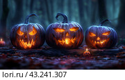 Glowing Jack-O-Lanterns in a Spooky Forest Setting at Night. Стоковое AI-изображение, AI-художник Сергей Толмачёв / Фотобанк Лори
